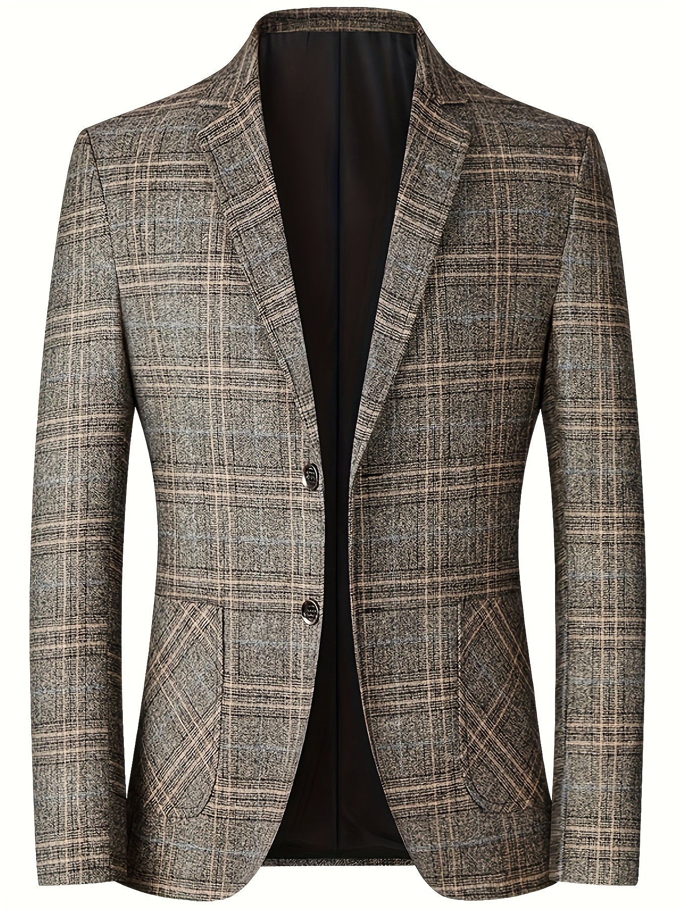 Men'S Checked Pattern Blazer with Pockets - Formal Two-Button Lapel,