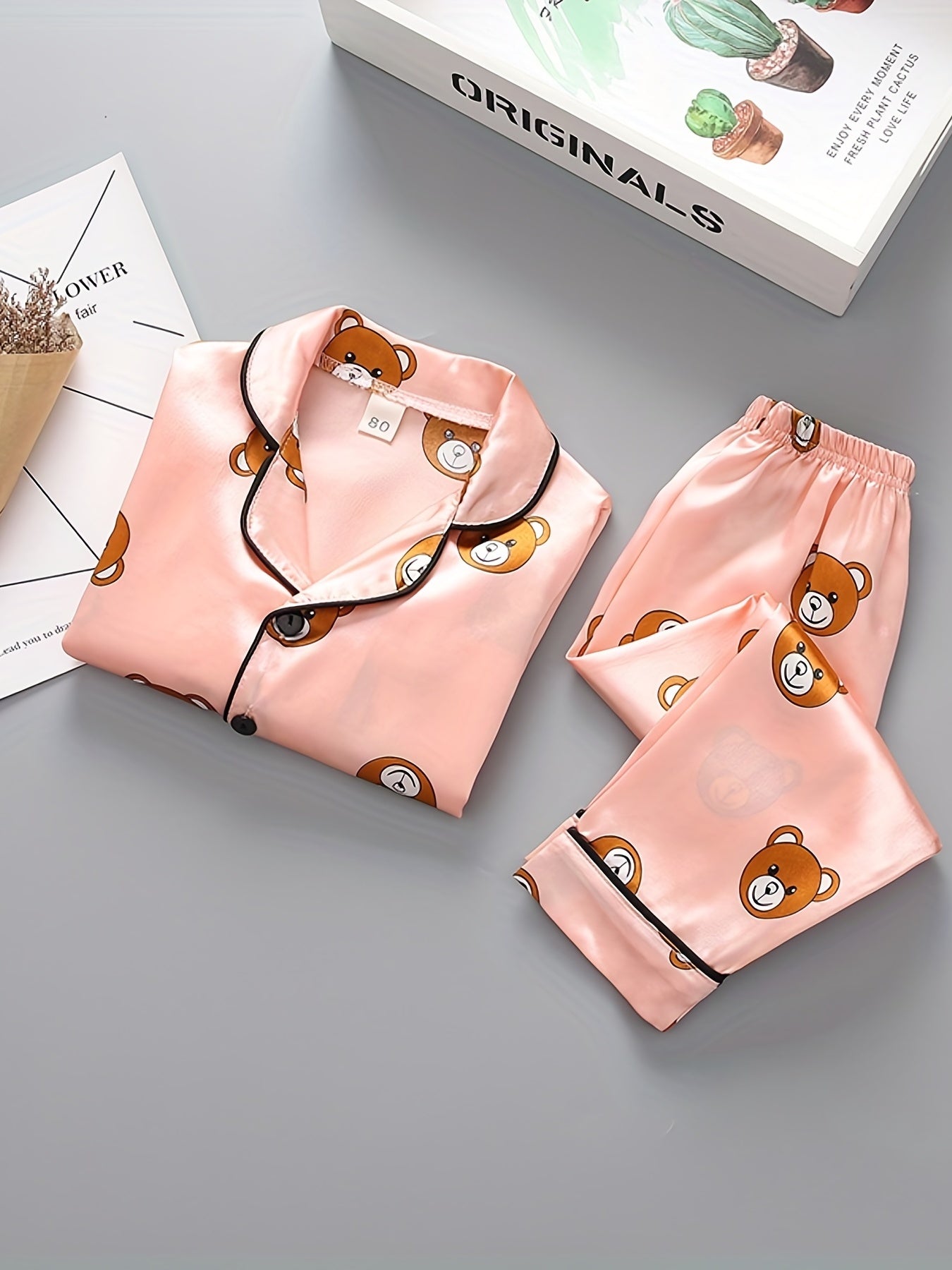 2pcs Boys Bear Print Button Up Long Sleeve Top & Elastic Waist Long Pants Set, Comfy Boys Clothes