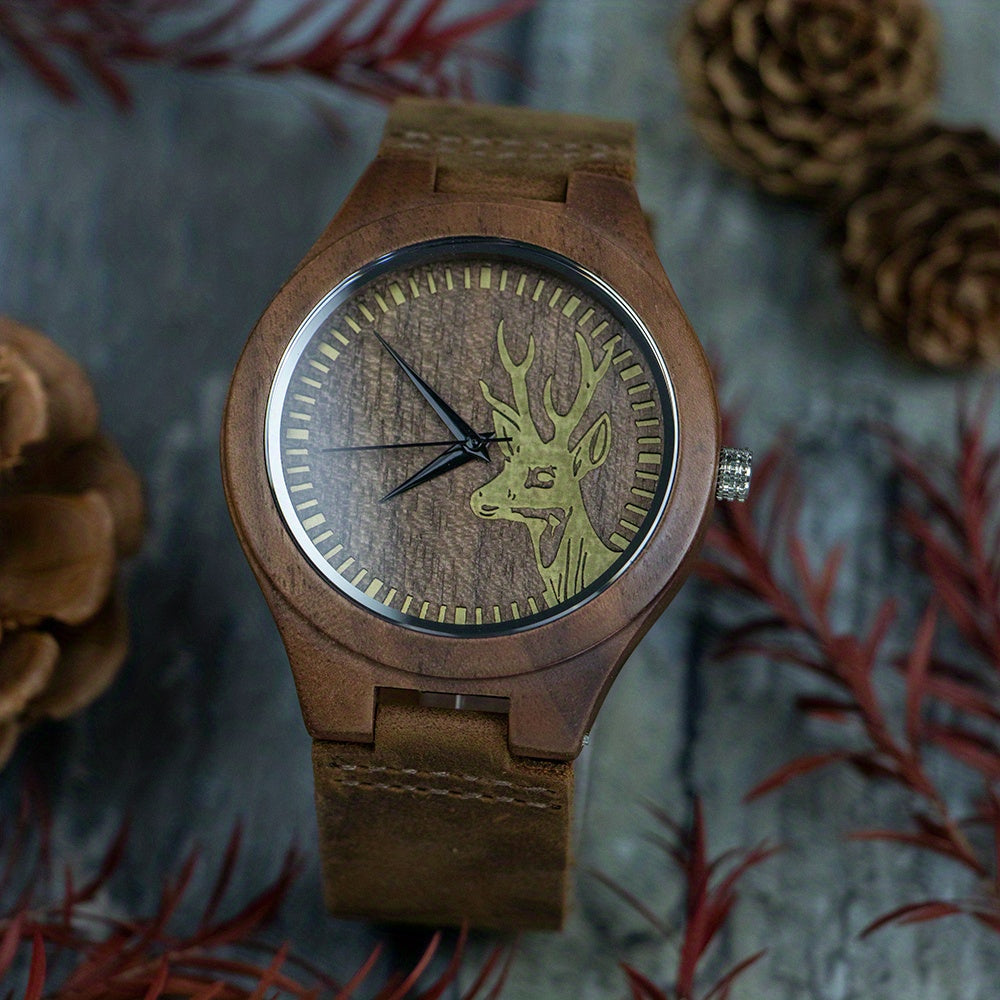 Unique Black Walnut Deer Head Mens Watch, Christmas, Halloween Gift