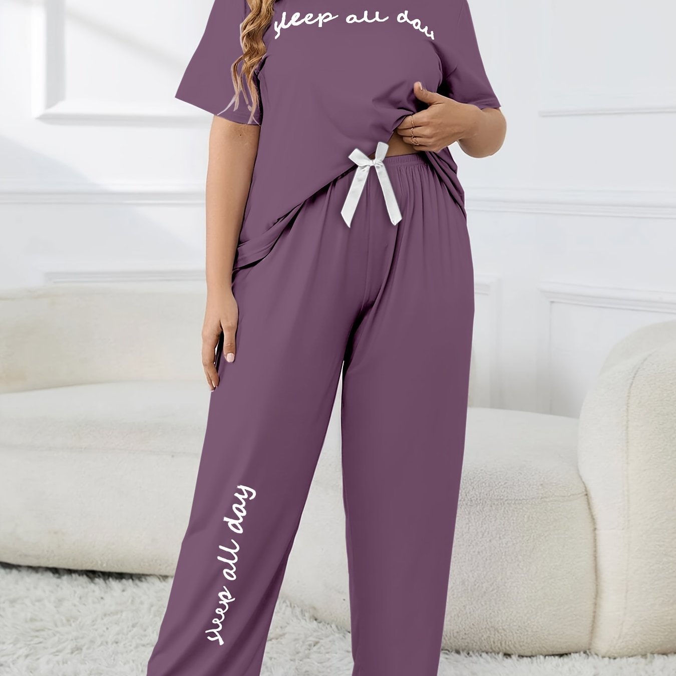 Plus Size Women's Cute Pajama Set, Plus Size Letter Print Short Sleeve Top and Pants Casual 2pcs, Plus Size Pajama Sets