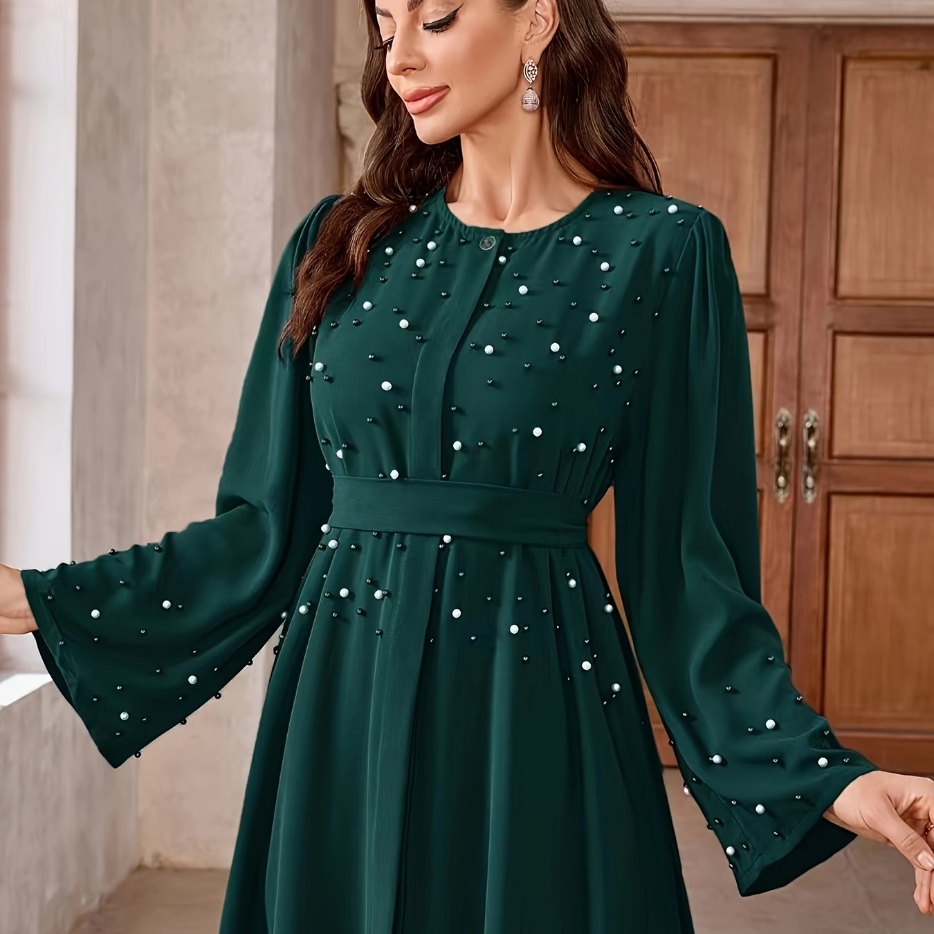 Elegant Navy Blue Abaya with Pearl Embellishments and Belt -/MH