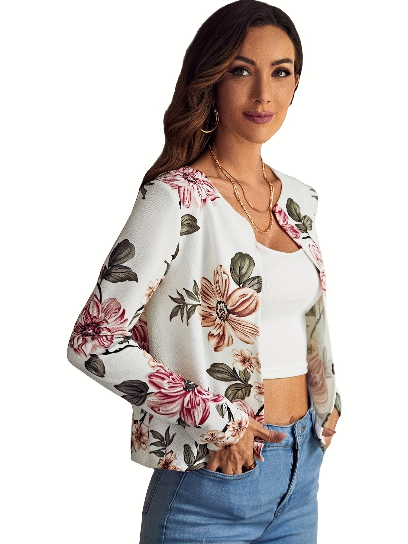 Floral Print Open Front Blazer, Elegant Lapel Long Sleeve Blazer.