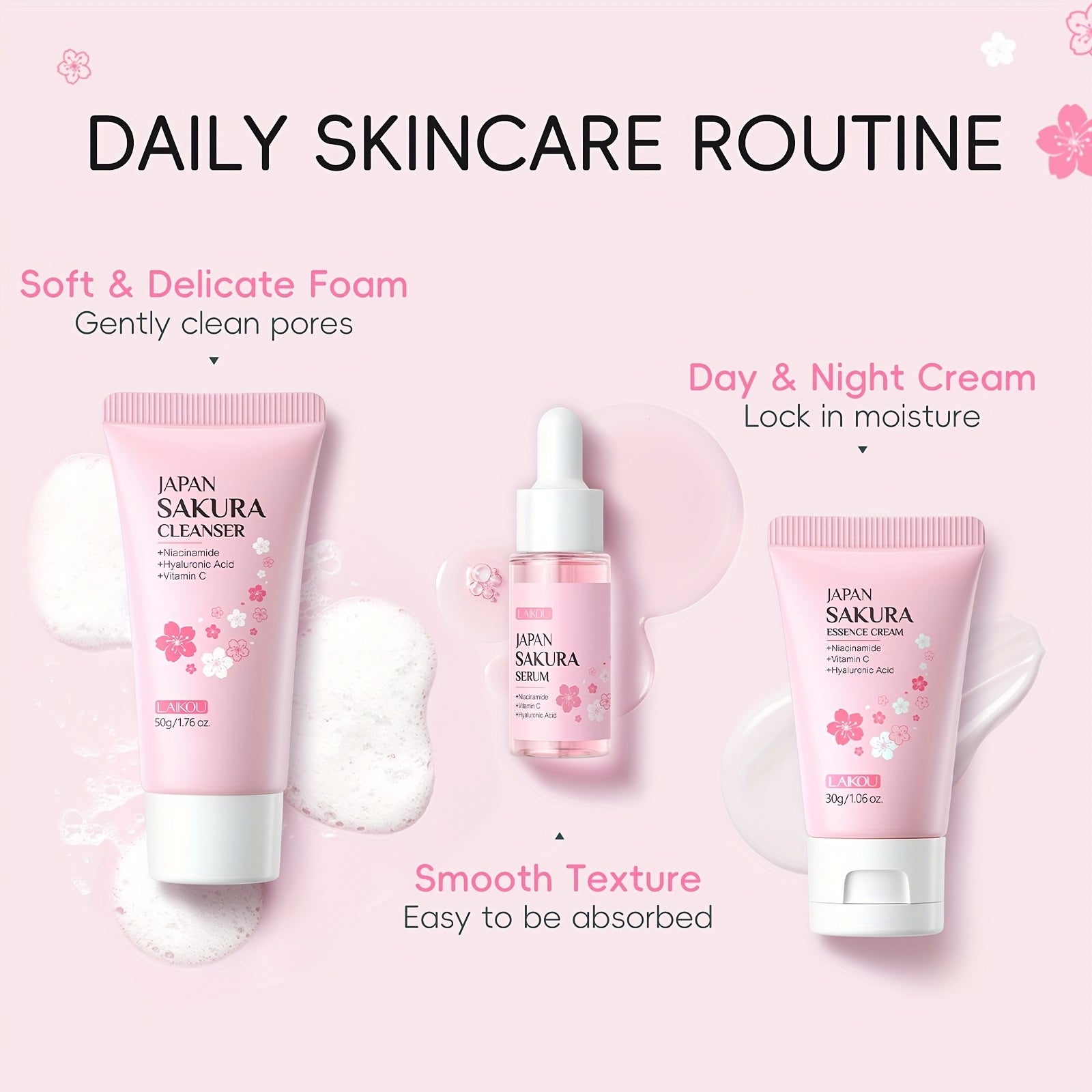 Sakura Cleanser Skin Care Travel Gift Set 3pcs, Face Wash 50g, Serum 17ml, Moisturizer 30g, with Vitamin C, Niacinamide, Hyaluronic Acid