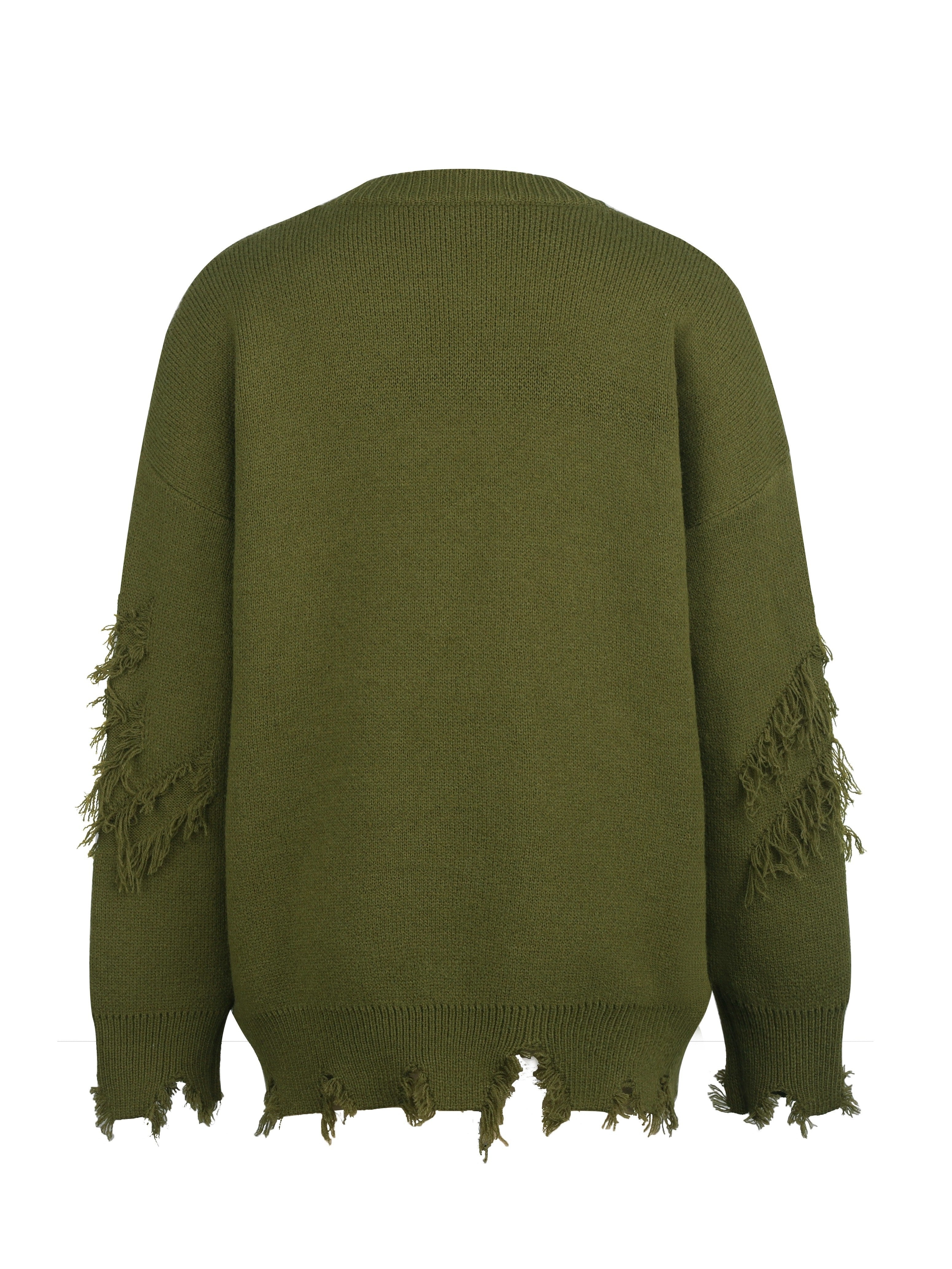 Solid Color Crew Neck Pullover Sweater, Casual Ripped Tassel Long Sleeve.
