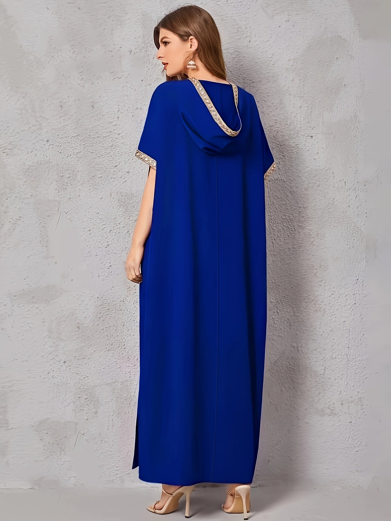 Contrast Trim V-neck Kaftan Dress, Elegant Batwing Sleeve ./MH
