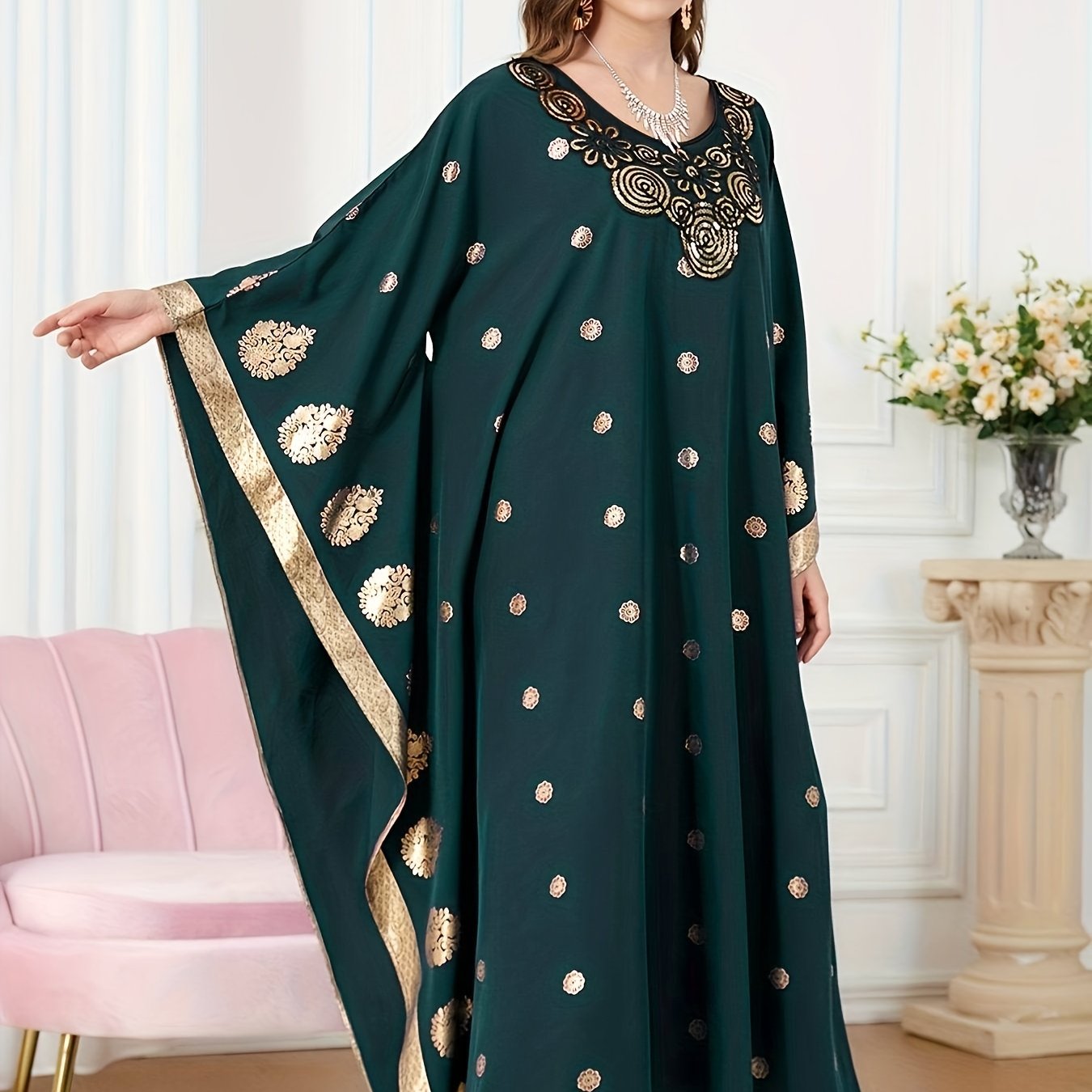 Graphic Print Batwing Sleeve Kaftan Dress, /MH