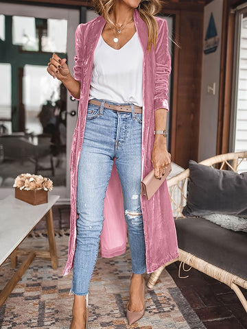 Elegant Green Open-Front Sweater Coat  No Collar, Solid Color .