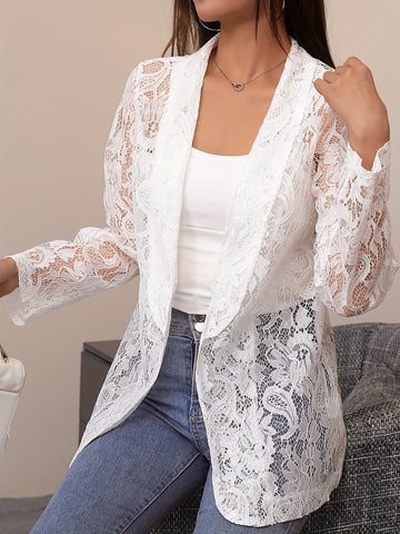 Floral Lace Lapel Blazer, Elegant Long Sleeve Open Front Outwear.