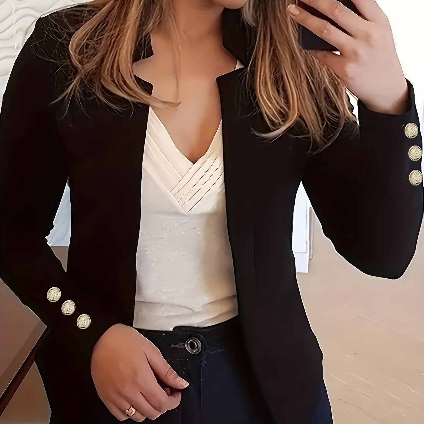 Solid Open Front Blazer, Casual Long Sleeve Button Blazer .