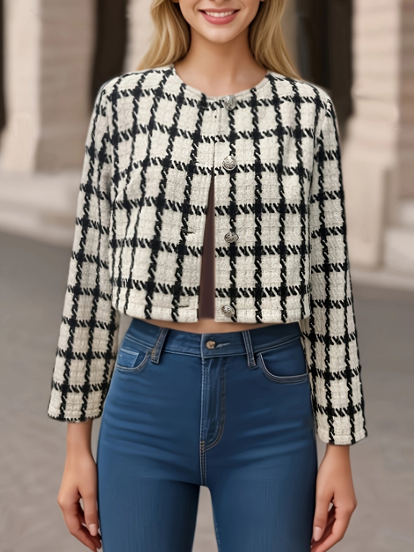 Plaid Print Open Front Blazer, Elegant Long Sleeve Coat For Spring.