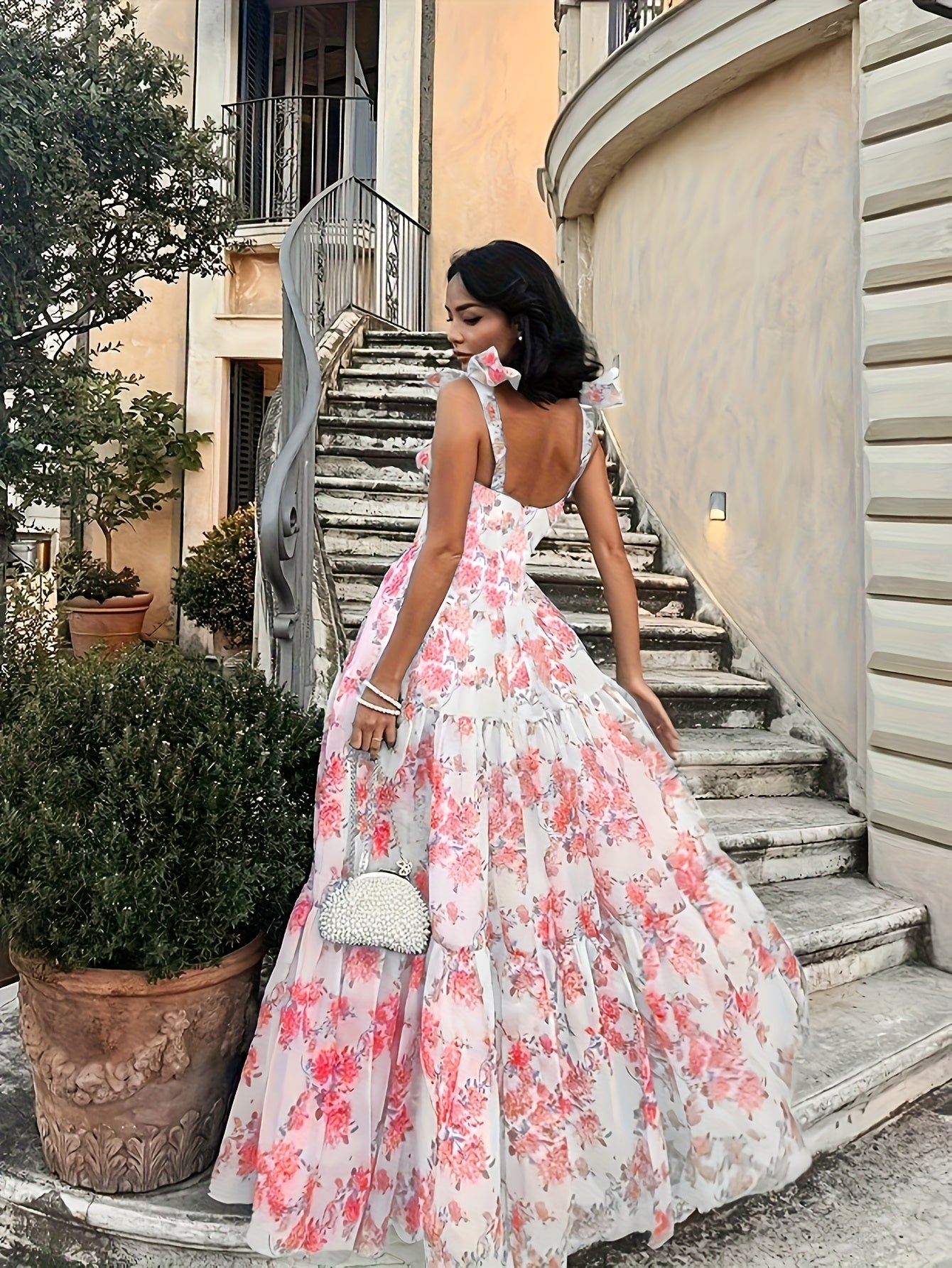 Elegant French Floral Off-Shoulder Long Dress - /MH