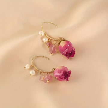 Delicate Eternal Rose Flower Earrings - Copper Jewelry with Faux Pearl Decor, Pastoral Elegant Style, Exquisite Gift for Women, Hypoallergenic, Nickel-Free, Durable, and Long-Lasting
