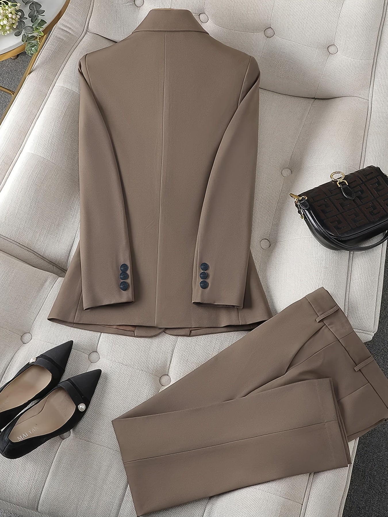 Plain Color Elegant Suit Set, Single Breasted Long Sleeve Blazer.