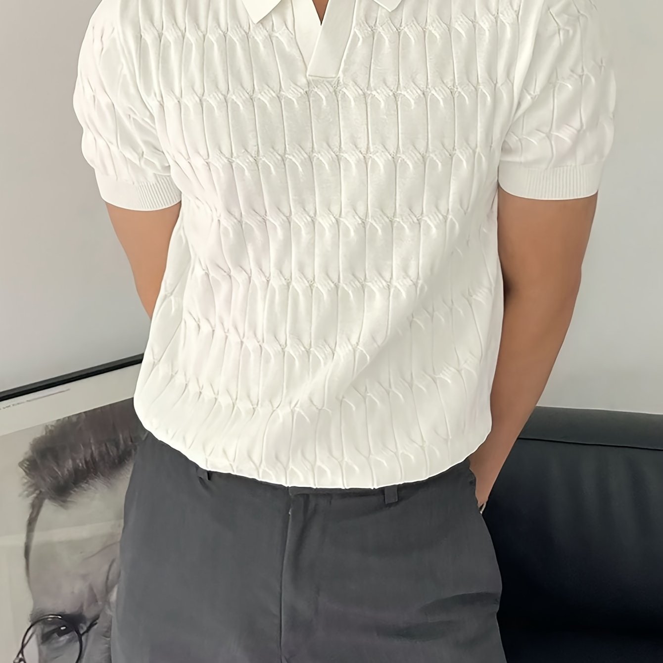 Chic Knit Shirt, Men's Casual Lapel Mid Stretch V-Neck Pullover Sweater