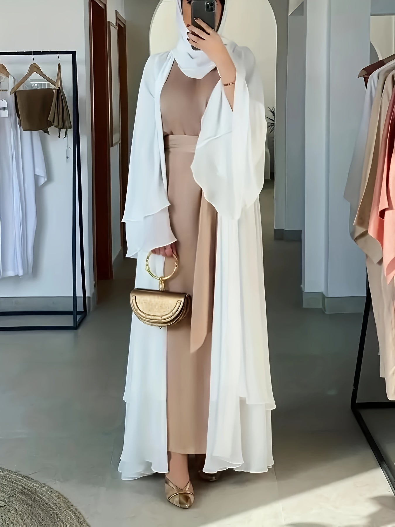 Solid Color Tie Waist Modest Dress, Elegant Layered Hem Maxi '/MH