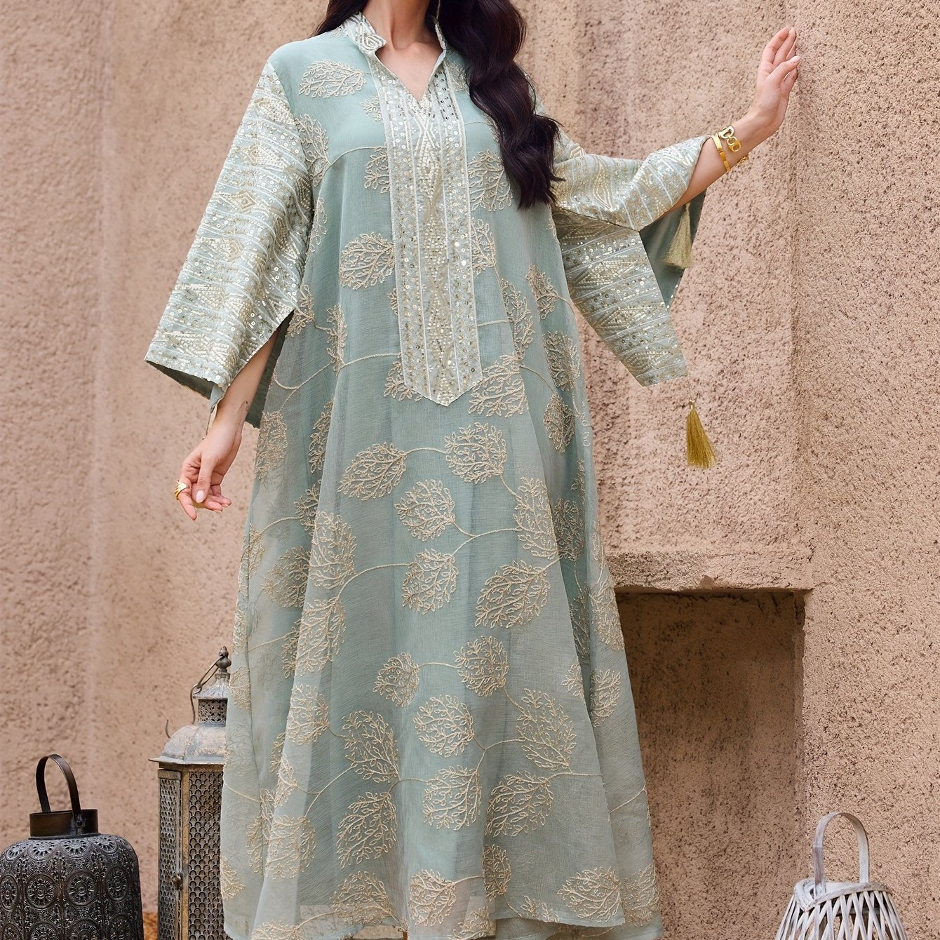Elegant Light Blue Embroidered Kaftan Dress - V-Neck, Bell Sleeves,/MH
