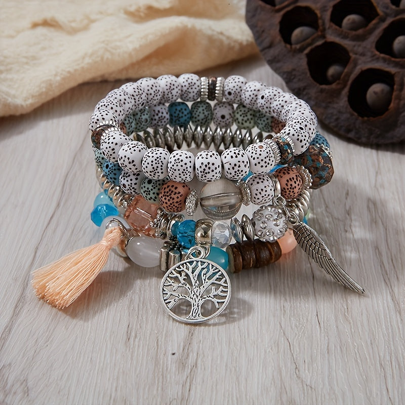4pcs/set Bohemian Hand String, Tree Of Life Feather Wings Pendant Bracelet, Tassel Couple Handmade Unisex Bracelet, Father's Day Gift