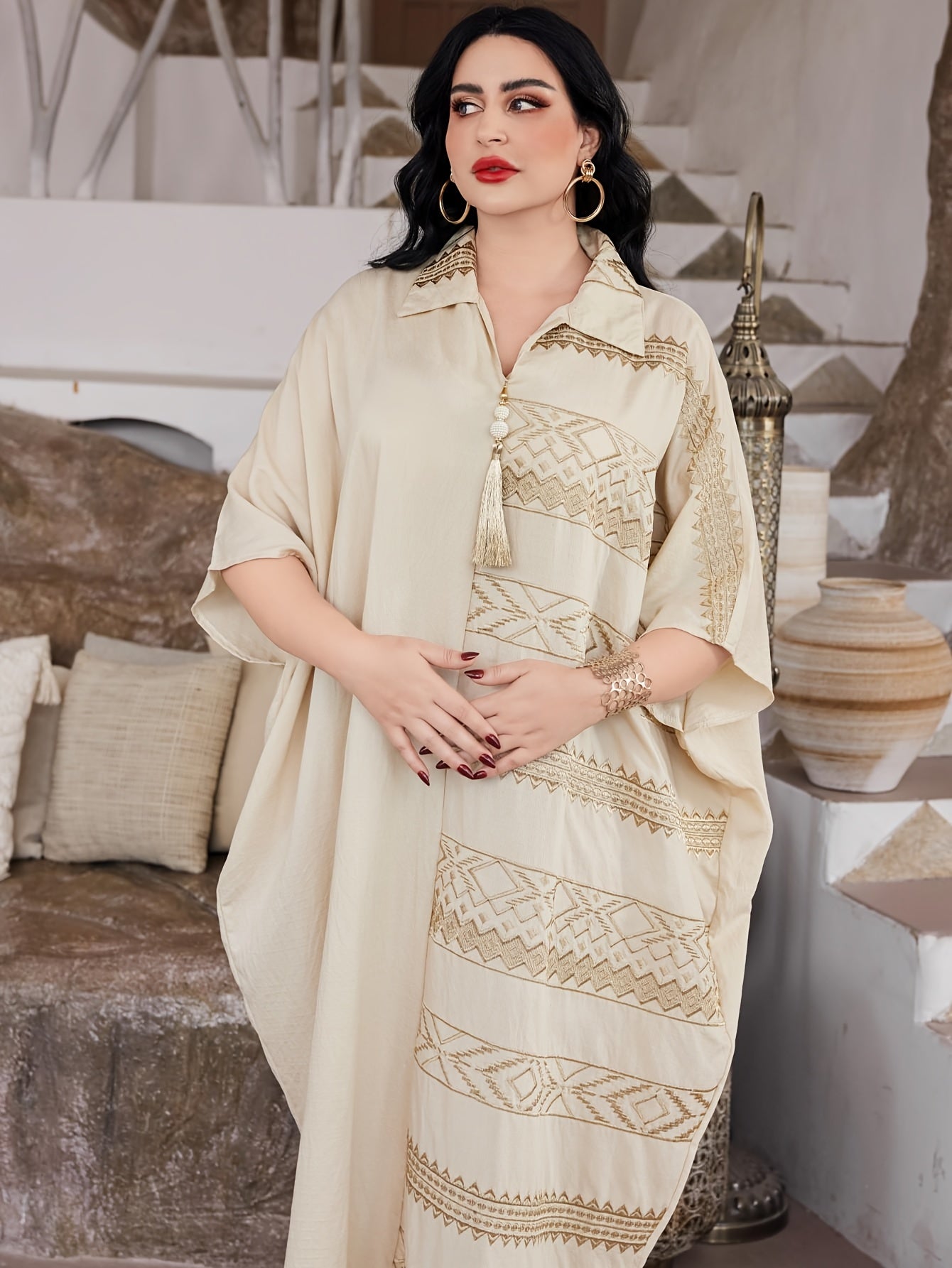Elegant Ramadan Jalabia Dress - Golden & Black Geometric Embroidery,/MH