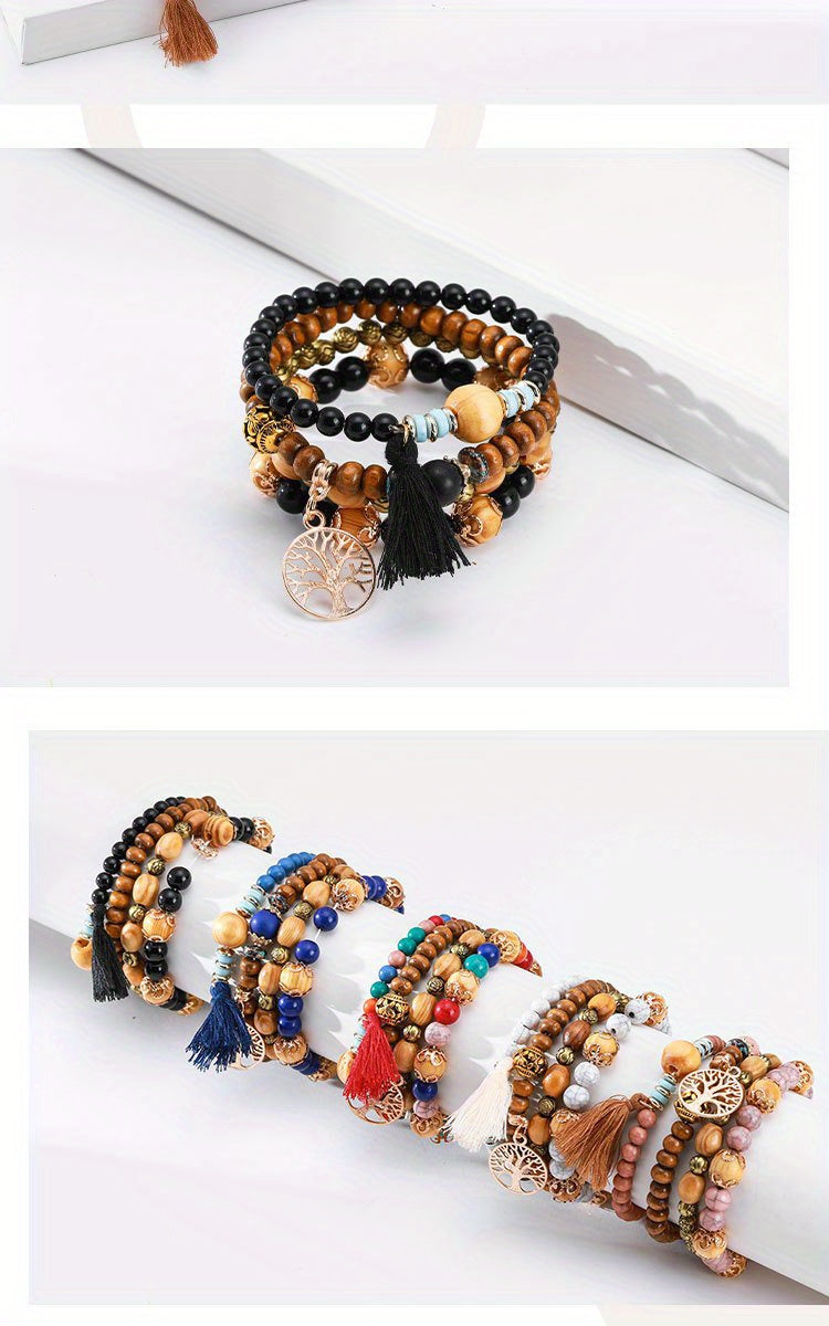 4pcs/set Tree Of Life Pendant Multilayer Beaded Bracelet Round Bead Wooden Bead Bracelet Bohemian Ethnic Jewelry Accessories Handmade -A Stylish Accessory, Father's Day Gift