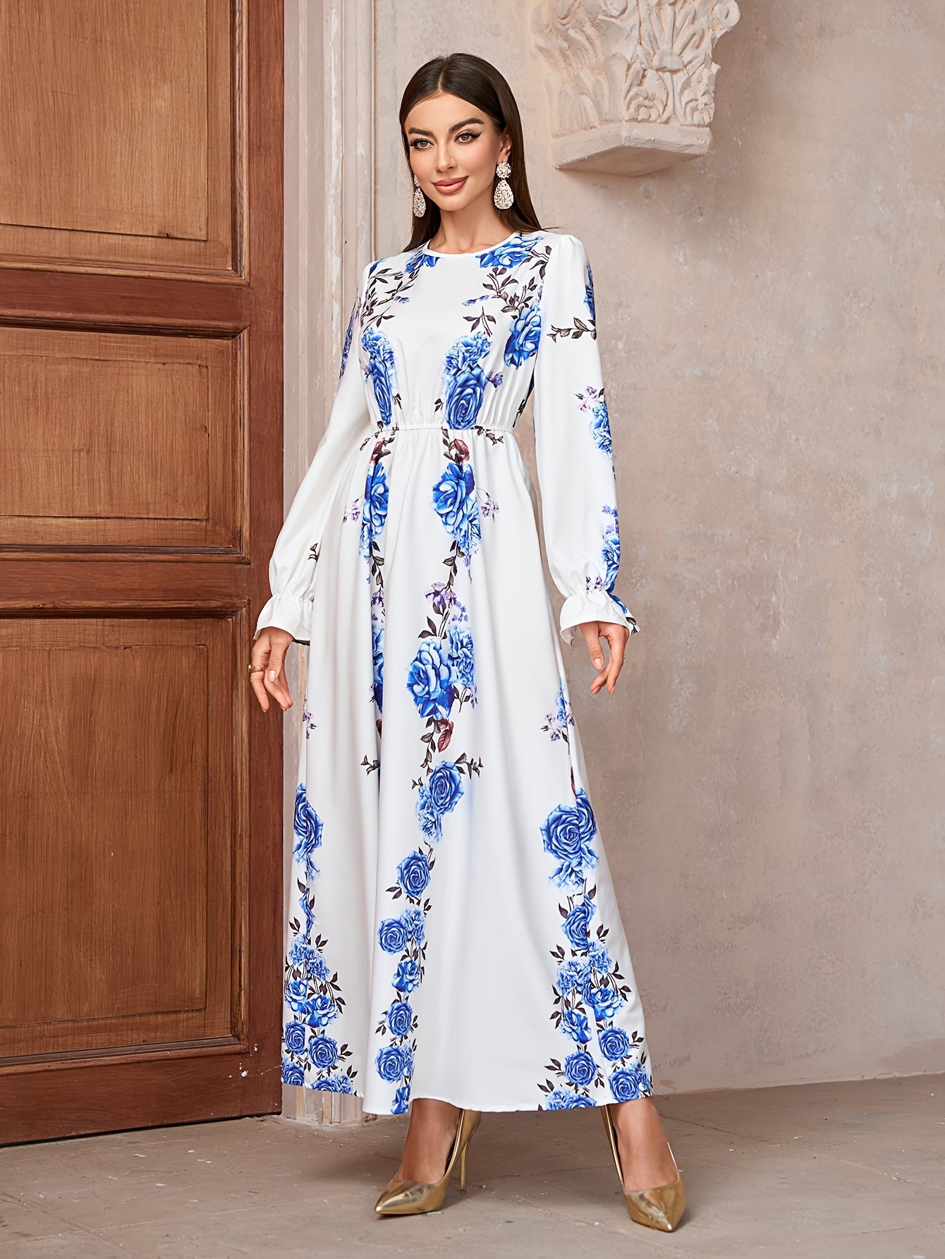 Floral Print Crew Neck Kaftan Dress, Elegant women fashion'/MH