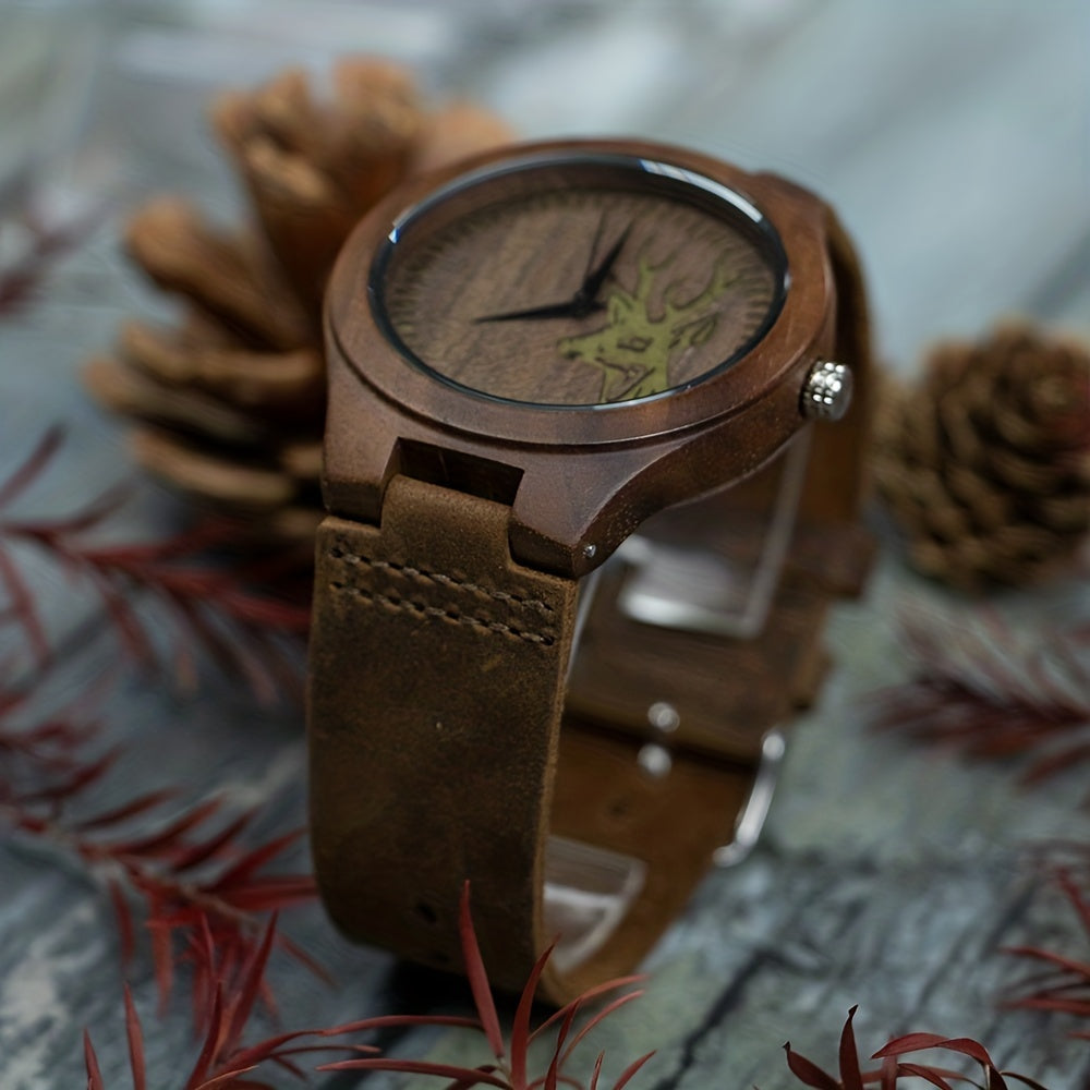 Unique Black Walnut Deer Head Mens Watch, Christmas, Halloween Gift