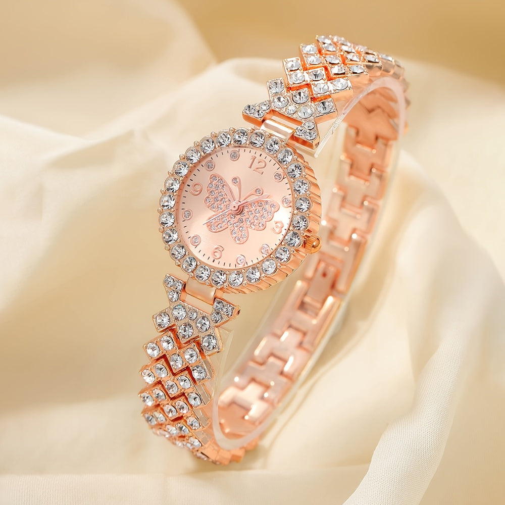 2pcs/set Elegant Butterfly Quartz Watch Luxury Fashion Stainless Steel Band Wrist Watch & Bracelet, Gifts For Women Her