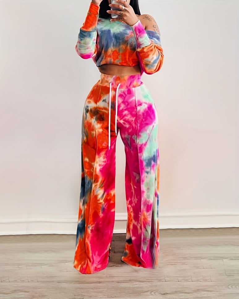 Casual Tie Dye Two-piece Set, Long Sleeve Crop Top & Drawstring Wide Leg Pants Outfits, Women's Clothing