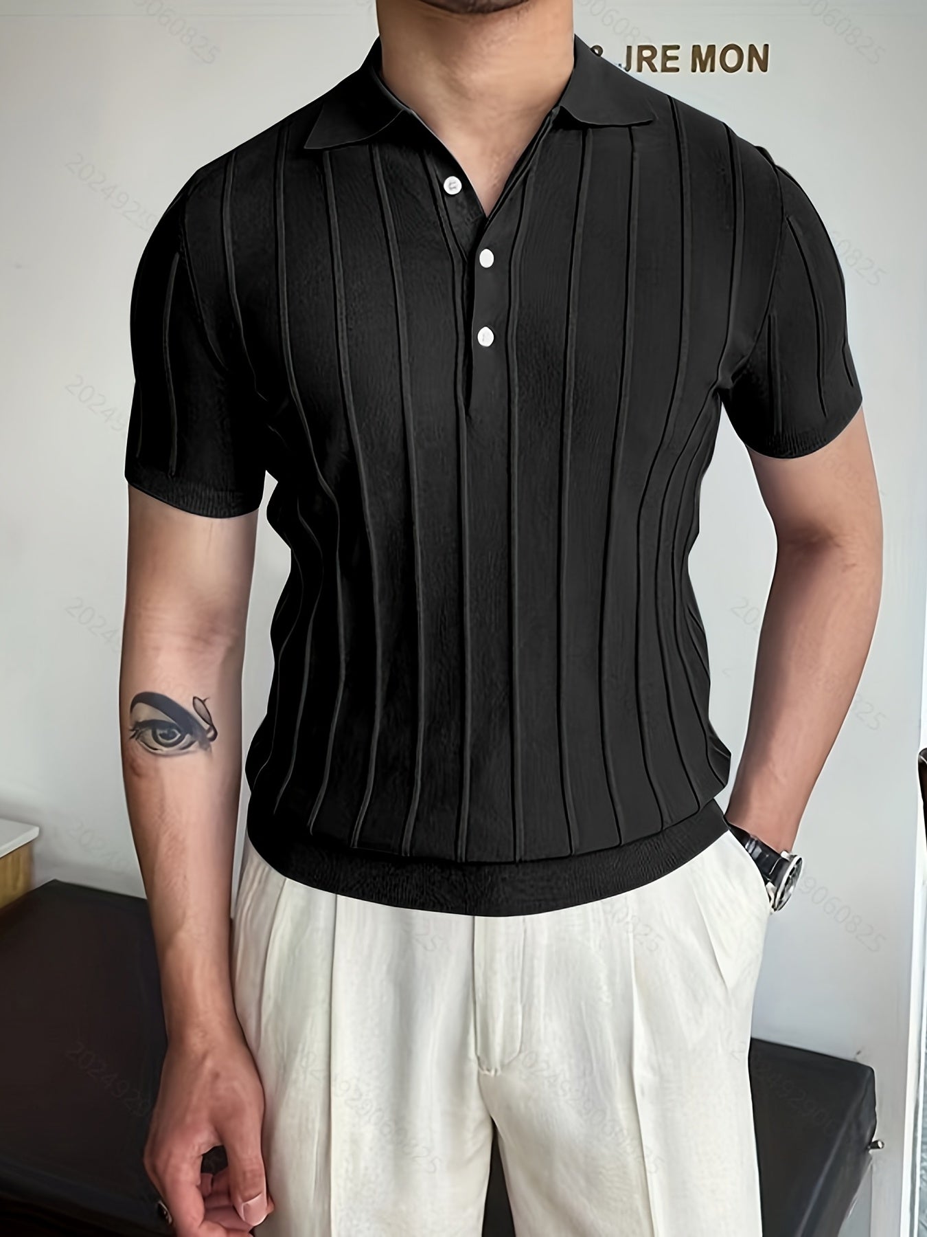 Vertical Striped Chic Shirt, Men's Casual Solid Color High Stretch .