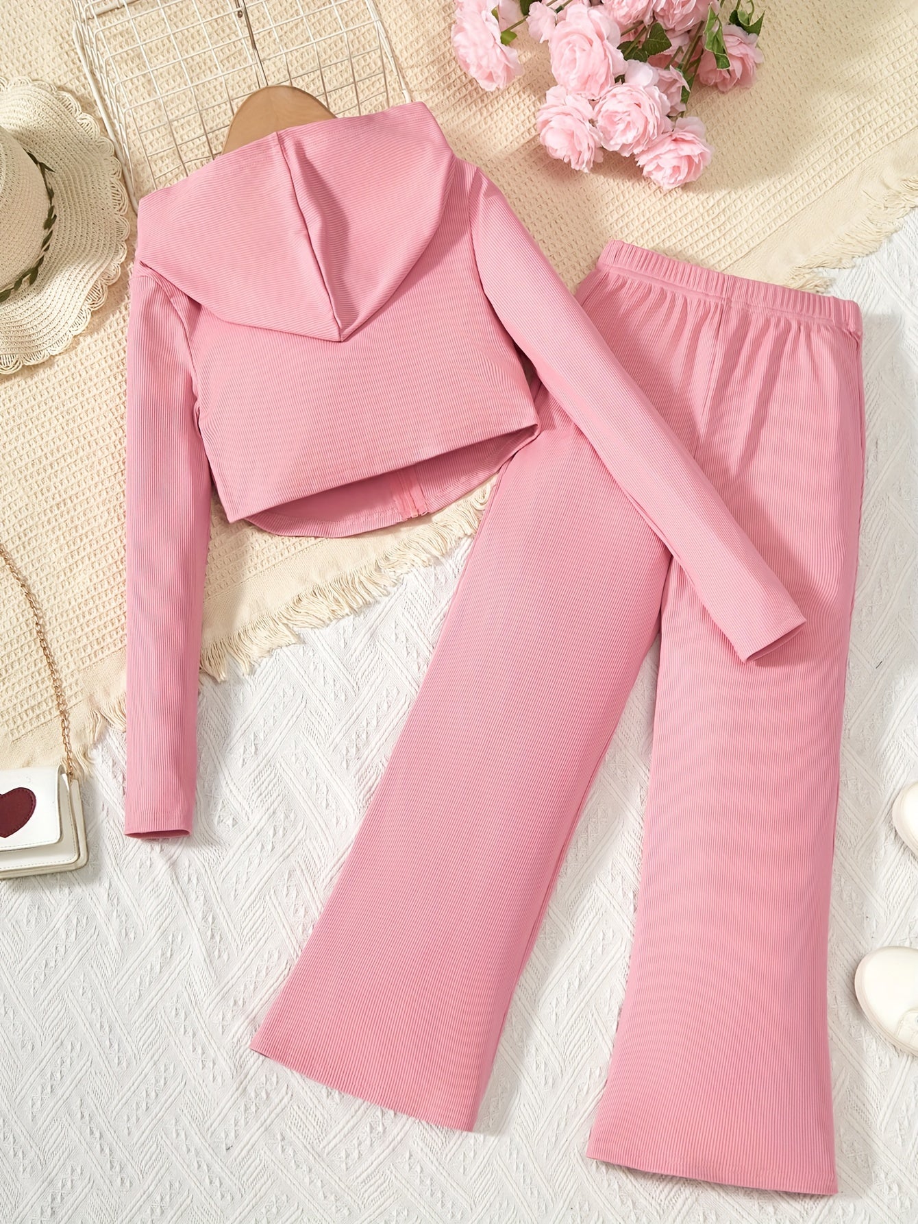 Elegant Girls Slim Outfits 2pc, Zip Hoodies + Loose Fit Flare Pants Kids Clothes.