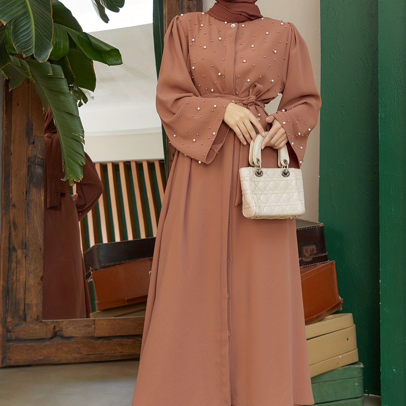 Elegant Navy Blue Abaya with Pearl Embellishments and Belt -/MH