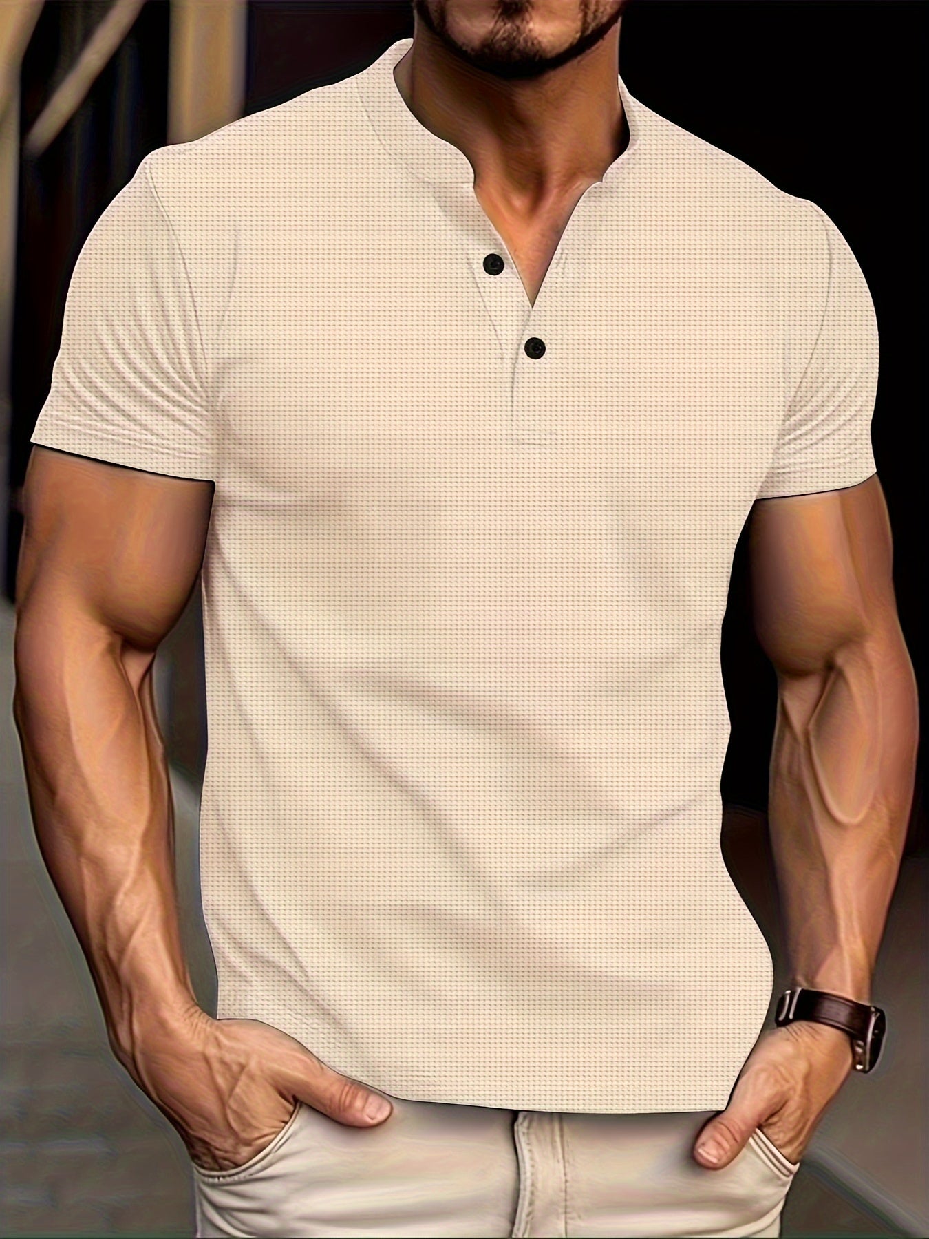 Men's Solid Waffle Stand Collar Short Sleeve Golf Shirts,