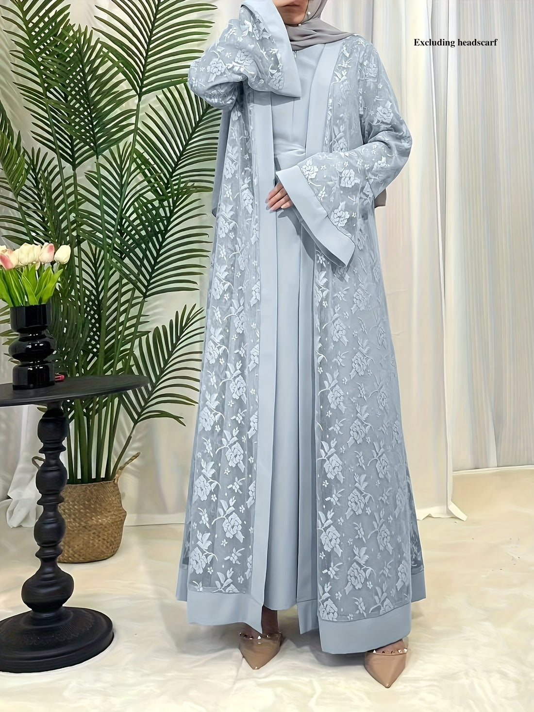 Cultural Grace, Elegant Light Blue Floral Abaya Set - /MH