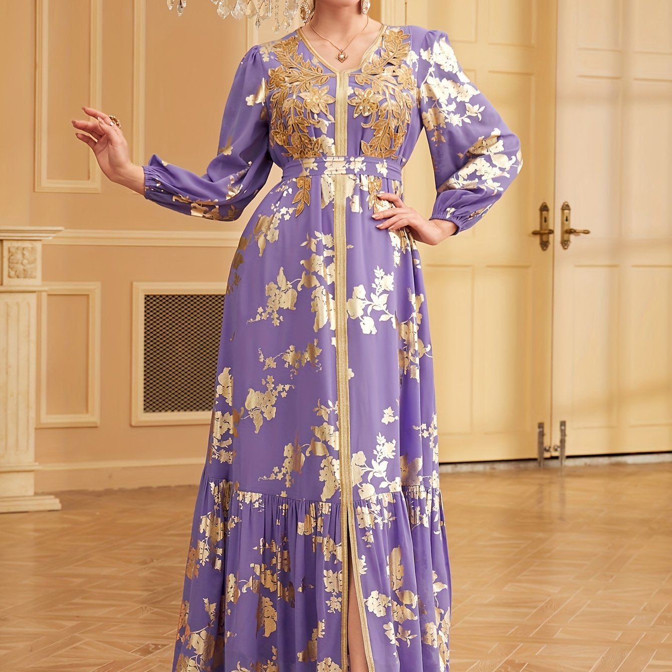 Bronzing V-neck Kaftan Dress, Elegant Long Sleeve 'MH