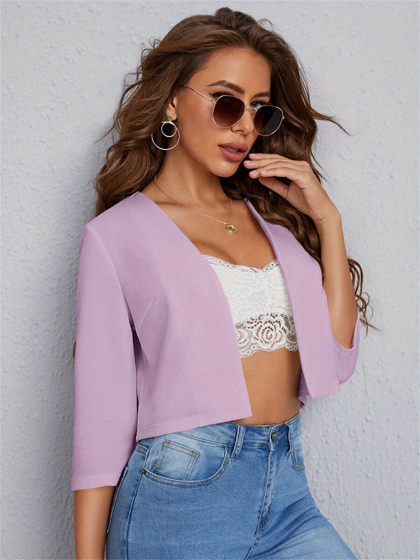 Simple Cropped Blazer, Casual Open Front Work Office .