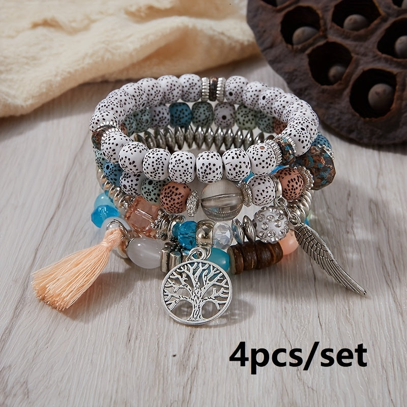 4pcs/set Bohemian Hand String, Tree Of Life Feather Wings Pendant Bracelet, Tassel Couple Handmade Unisex Bracelet, Father's Day Gift