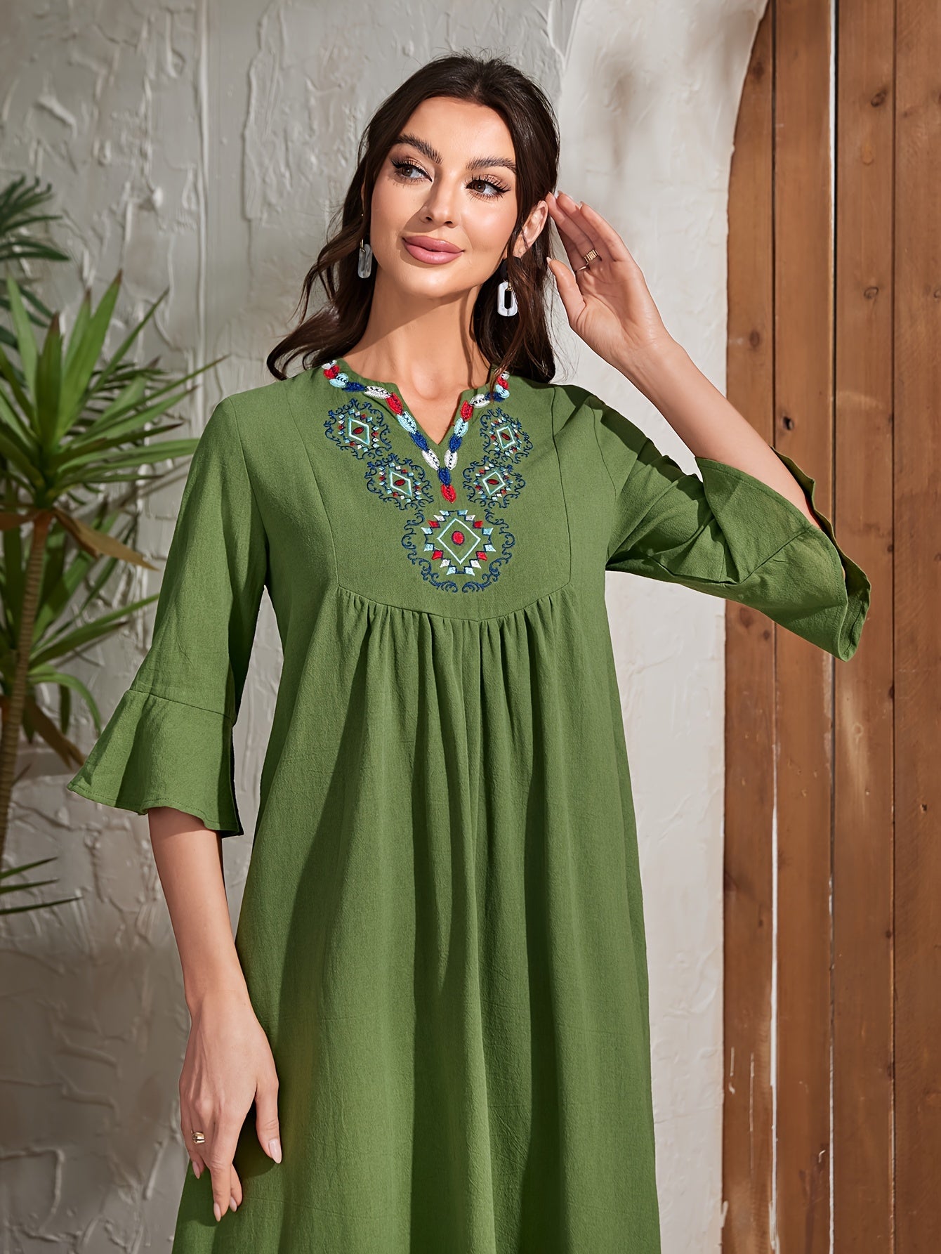 Embroidered V Neck Kaftan Dress, Elegant Half Sleeve .MH