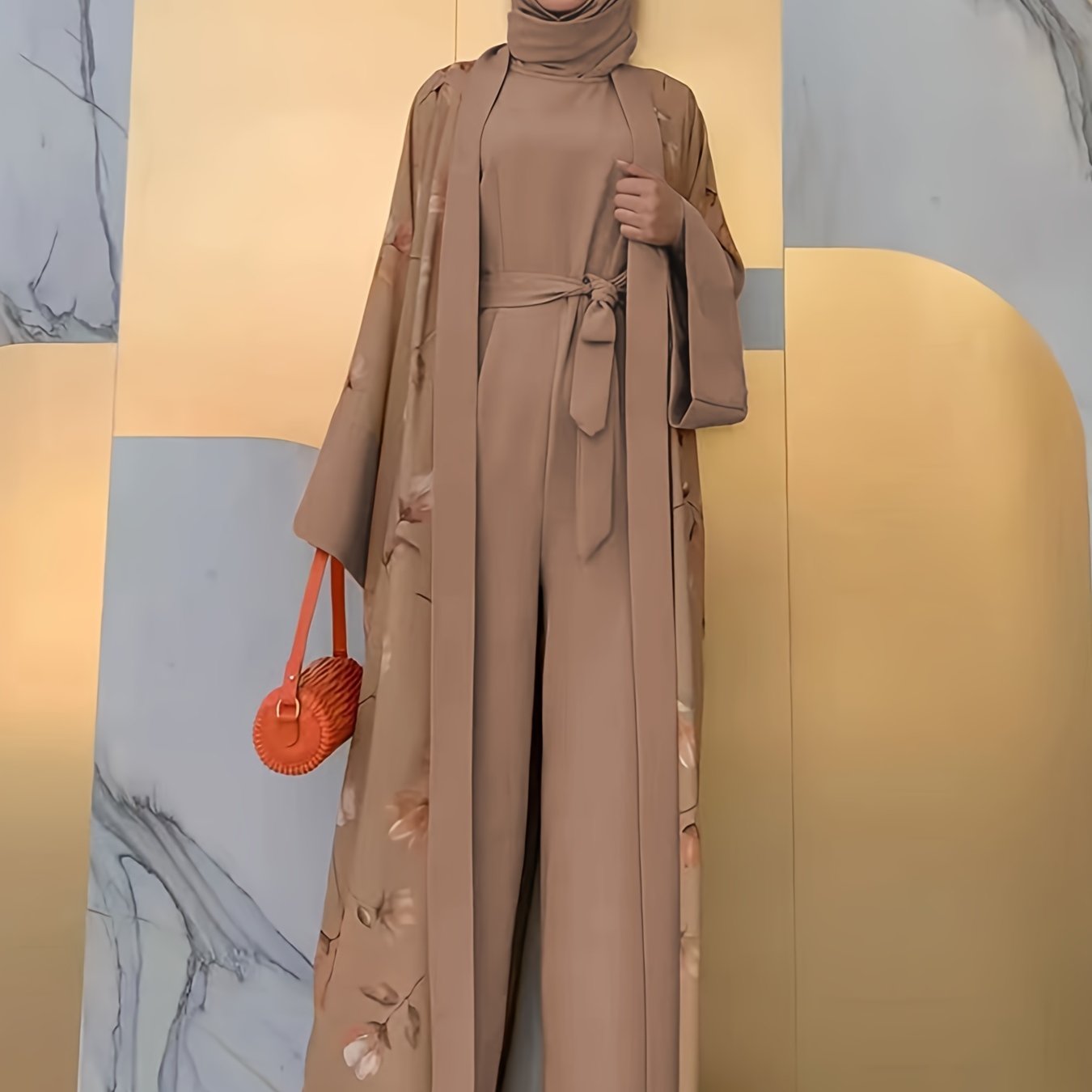 Ethnic Modest Dress Set Without Hijab, Floral Print Long Length leeveless , /MH