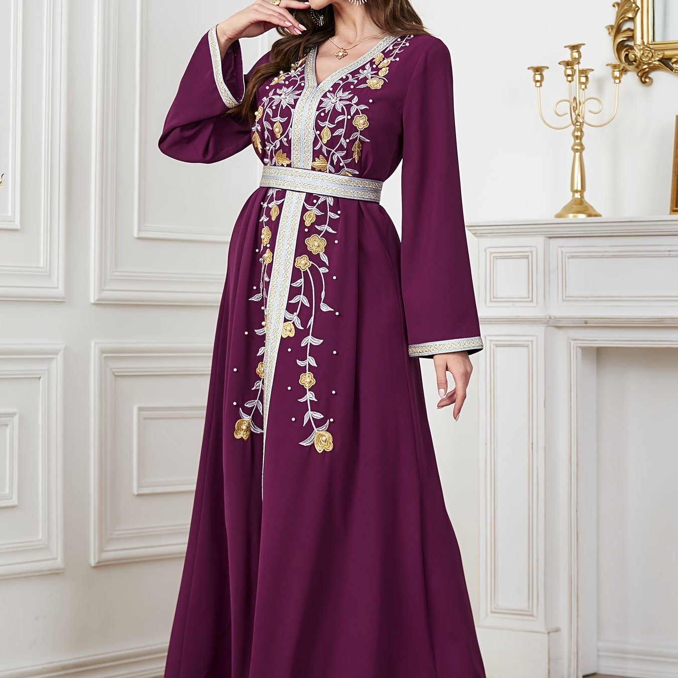 Ramadan Beaded Floral Pattern Kaftan, Elegant Long Sleeve 'MH