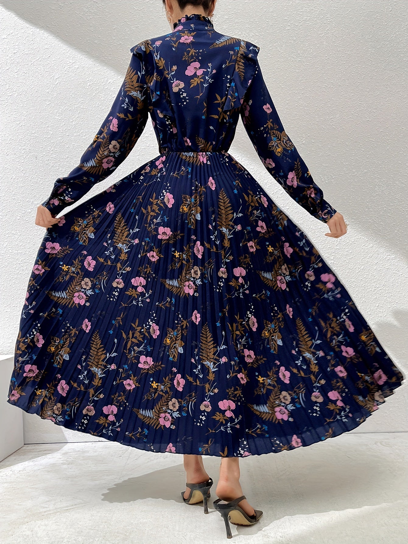Floral Print Tie Neck Ruffle Trim Kaftan Dress, Elegant Long Sleeve '/MH