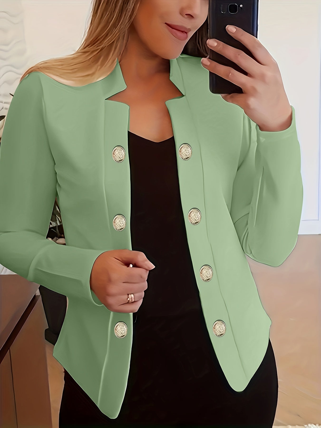 Button Decor Open Front Blazer, Casual Long Sleeve.