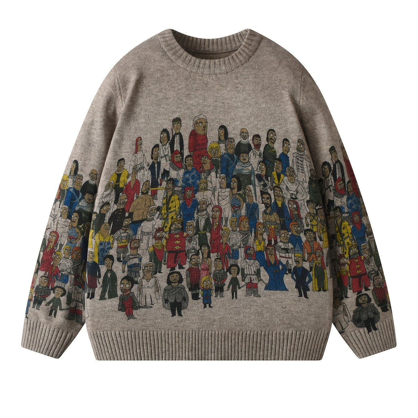 Men'S Cartoon Print Crew Neck Sweater, Casual Street Style Knit Pullover,
