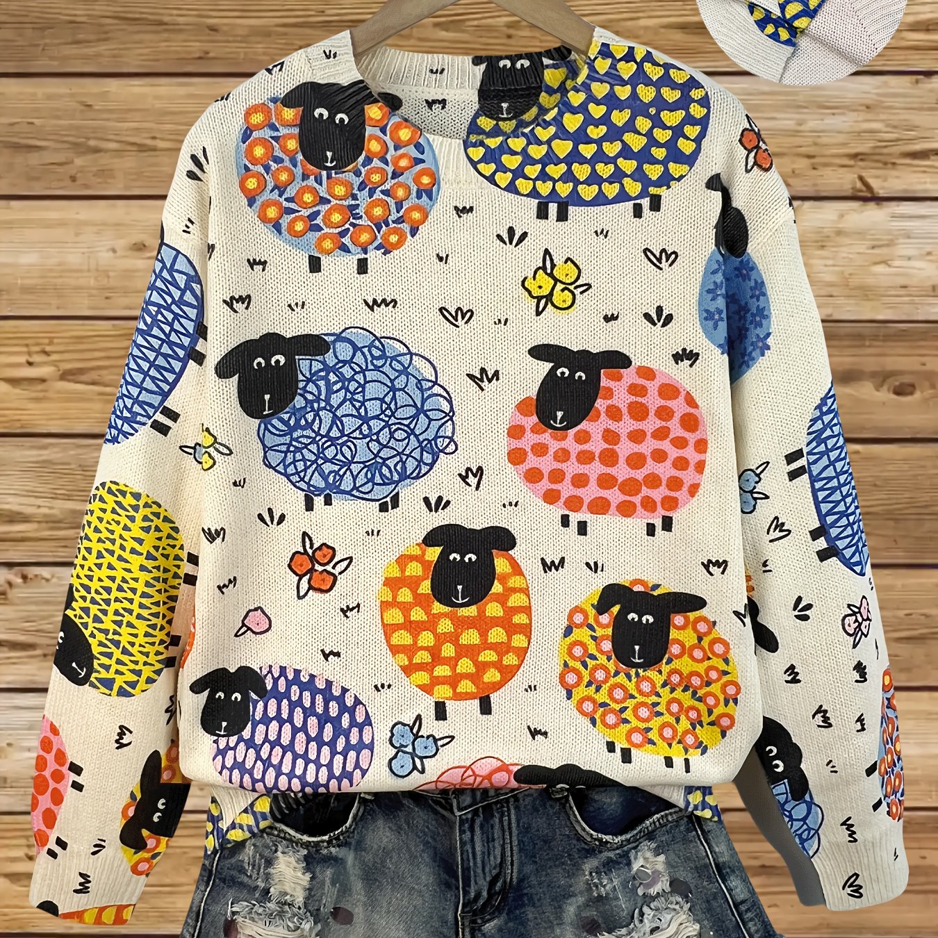 Elegant Sheep Print Long Sleeve Pullover Sweater for Women .