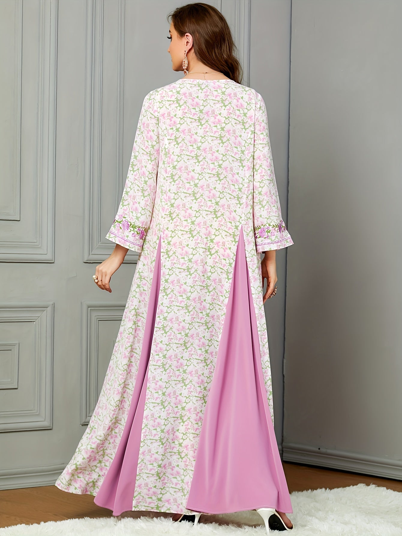 Contrast Stitching Crew Neck Kaftan, Elegant Long Sleeve '/MH