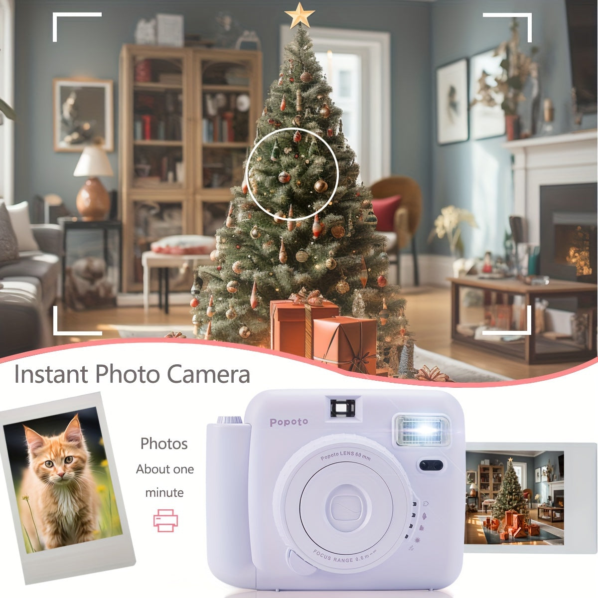 Popoto Instant Camera Gift Set with PU Case - Flash-Enabled, Battery-Free Photography Kit for Outdoor Parties (Camera & Accessories Included, No Batteries or Film)
