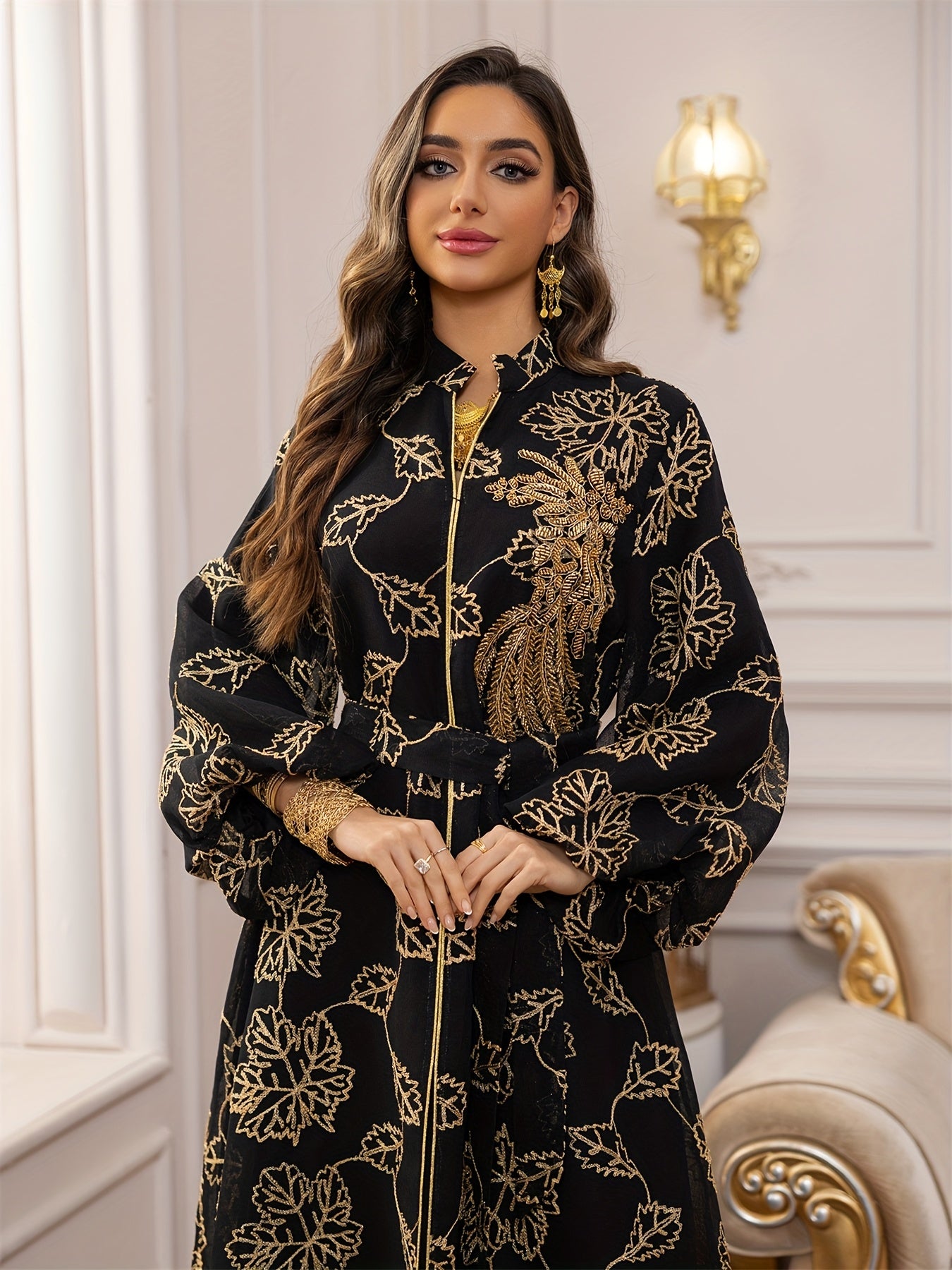 Dubai Floral Embroidery Belted Dress Belt included Lantern Sleeve/MH