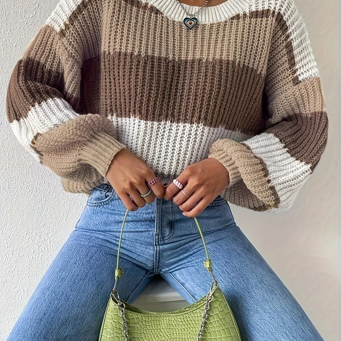 Crew Neck Pullover Sweater, Casual Lantern Sleeve Loose Sweater,