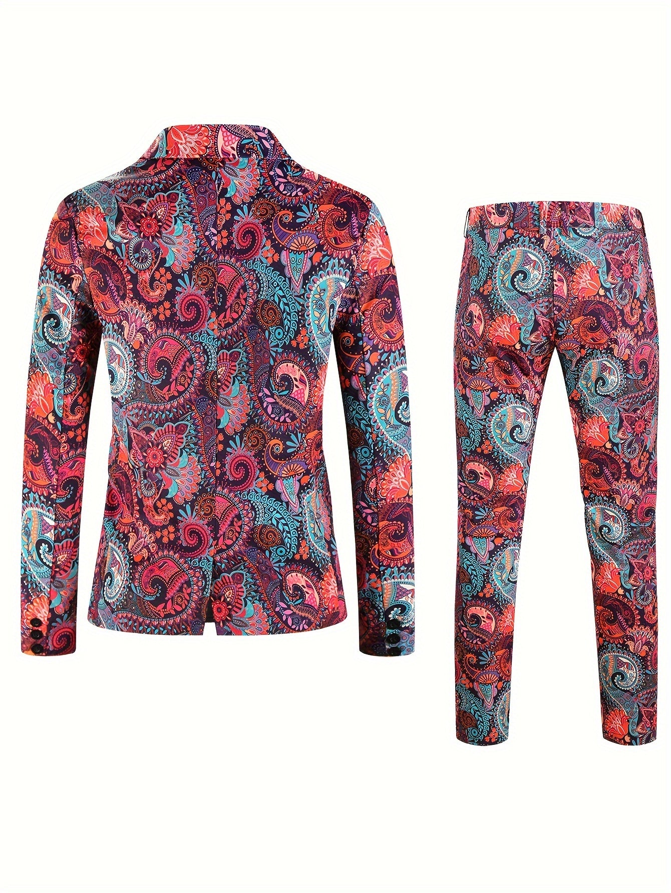 2pcs Men's Fashion Casual Suit Set, 3D Vibrant Paisley Print Blazer.