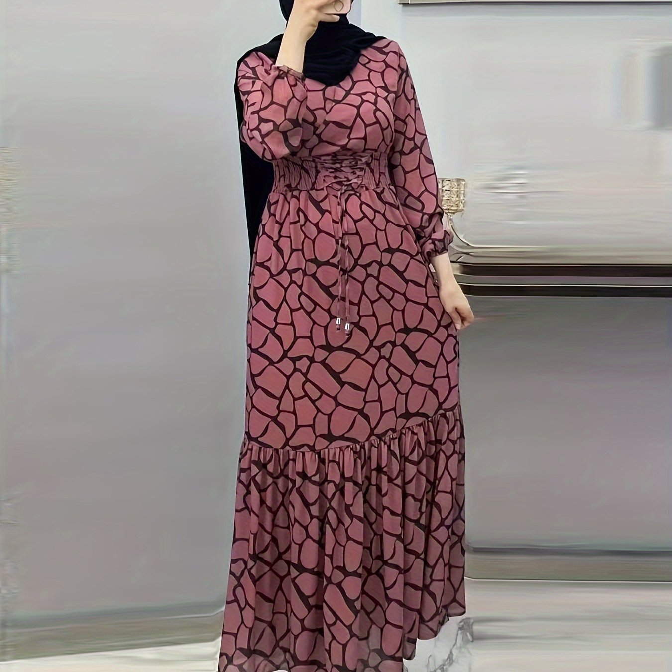 Allover Print Maxi Kaftan Dress, Casual Long Sleeve '/MH
