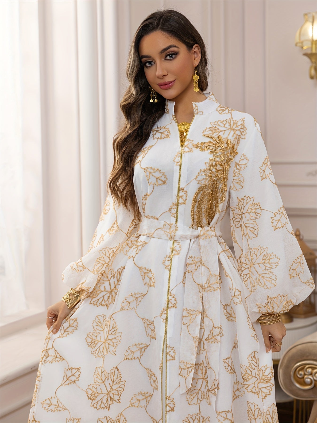 Dubai Floral Embroidery Belted Dress Belt included Lantern Sleeve/MH