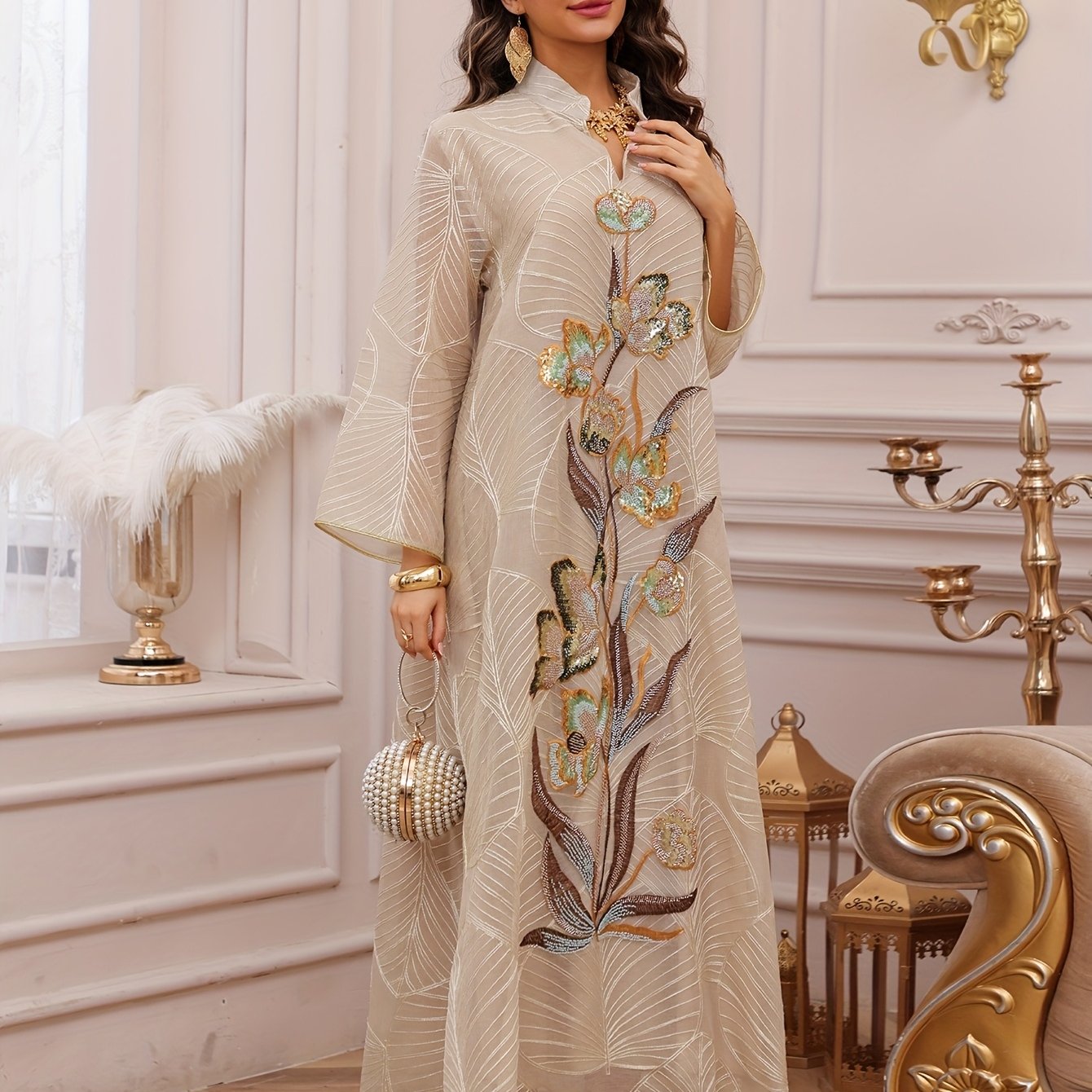 Elegant Women'S Sequin Mesh Kaftan Dress - Long Sleeve,/MH